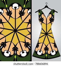 Fabric pattern design for a woman's dress. Vector fashion illustration. Design Mandala.  Perfect for printing on fabric or paper.