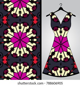 Fabric pattern design for a woman's dress. Vector fashion illustration. Design Mandala.  Perfect for printing on fabric or paper.