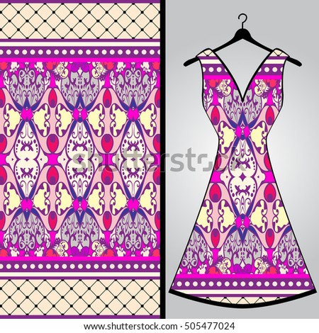 Fabric pattern design for a woman's dress. Vector fashion illustration. Design Mandala.  Perfect for printing on fabric or paper.