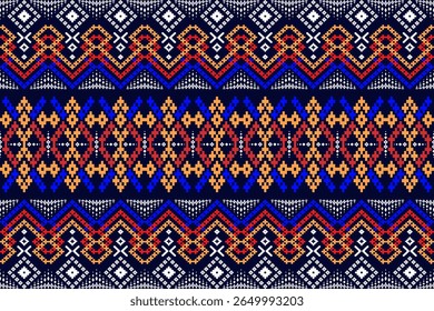 fabric pattern. Diamond and zigzag motifs are prominent, featuring shades of blue, red, orange, and white on a dark blue background, creating a modern twist on traditional beauty.