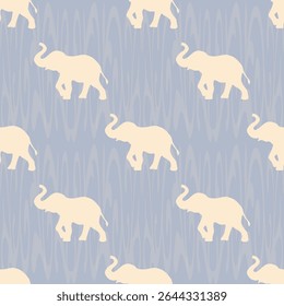 Fabric pattern of an elephant in a light cream color is designed to be simple. Small details such as eyes, tusks or skin emphasize the overall shape of the elephant. The elephant has its front legs sl