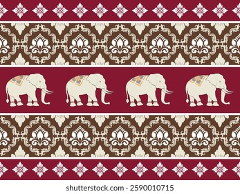 The fabric pattern features white flowers on a red background and intricate white ornamentation. There are white elephants walking in a row on a red background, each with a beautifully decorated back 