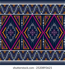 Padrão de tecido com desenhos geométricos com um estilo de arte tribal ou folclórica, definido contra um fundo azul profundo. Abstrato, ilustração vetorial, textura, bordado ponto-cruz, Etnia geométrica