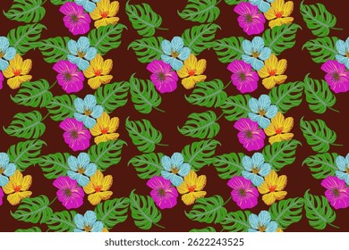 Fabric Pattern, Floral, Seamless, Tropical, Colorful Flowers, Monstera Leaves, Summer Fashion, Background Pattern, Fashion Color, Red, Purple, Blue, Graphic, Fabric Print, Tropical Flowers, Plant Patt