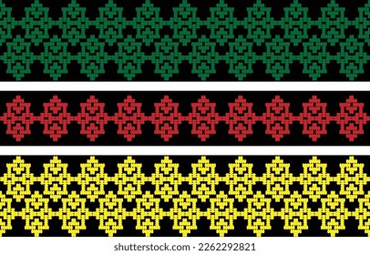 Fabric pattern, flower pattern, alternating green, red, yellow, striped pattern the background is black