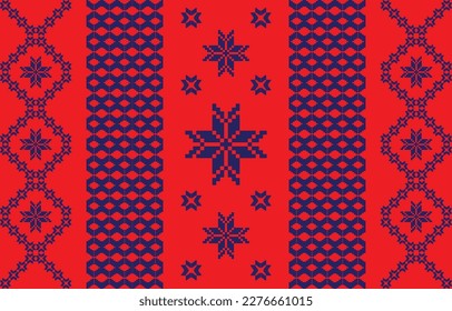 Fabric pattern, geometric shapes connected together into a beautiful pattern, the red background contrasts with the blue pattern