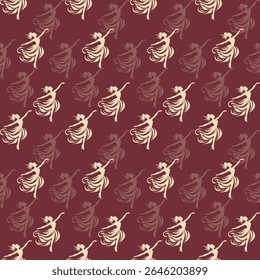 Padrão de tecido, um padrão gráfico que tem as características de um arranjo repetido de sombras de uma mulher dançando em uma pose graciosa, creme claro (dançarina principal), vermelho-escuro-marrom (sombra clara ou ov