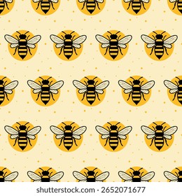 Fabric pattern graphics, bees, cartoon shape, simple, black body with yellow pattern, white wings, continuous pattern used in weaving, wallpaper, gift wrapping paper, cute, fresh, natural.