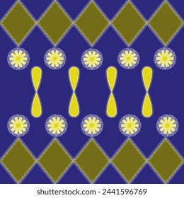 The fabric pattern has diamonds, flowers, and ovals connected together in gold on a dark blue background.