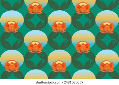 The fabric pattern has a painting of orange lotus flowers giving it an artistic, warm feeling.