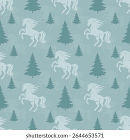 Fabric pattern, horse pattern, graphic pattern designed in a seamless pattern.The background uses a light gray-blue tone, giving a calm, cool feeling. The horse is in a pose of raising its front legs