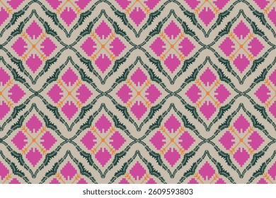 Fabric pattern imitating Thai silk woven fabric, pink pixel pattern on cream background