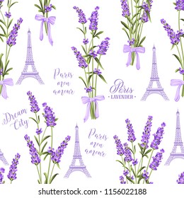 Fabric pattern with lavender flowers and eiffel tower. Seamless background for fabric design. Vector illustration.