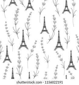 Fabric pattern with lavender flowers and eiffel tower. Seamless background for fabric design. Vector illustration.