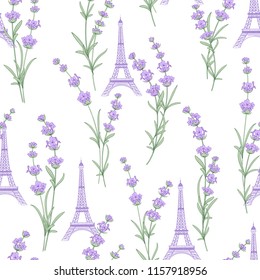 Fabric pattern with lavender flowers and eiffel tower. Seamless background for fabric design. Vector illustration.