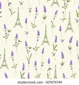 Fabric pattern with lavender flowers and eiffel tower. Seamless background for fabric design. Vector illustration.