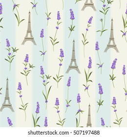 Fabric pattern with lavender flowers and eiffel tower. Seamless background for fabric design. Vector illustration.