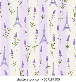 Fabric pattern with lavender flowers and eiffel tower. Seamless background for fabric design. Vector illustration.