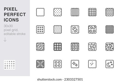 Fabric pattern line icon set. Checkered, flannel, geometric, tartan, polka dot, khaki minimal vector illustration. Simple outline sign for clothing decor swatch. 30x30 Pixel Perfect, Editable Stroke