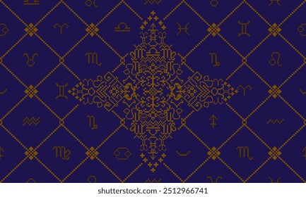 Fabric pattern, pixel art fabric pattern, pixel art gold pattern, horoscope pixel art pattern