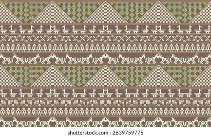 Fabric pattern, pixel, brown, green, horse, geese, people, pyramid, animals, flowers, square, wallpaper pattern, carpet pattern, various material textures