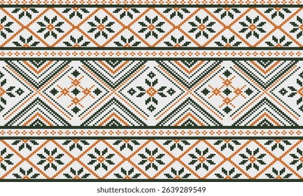 Fabric pattern, pixel pattern, green and orange tones, weaving, flowers, square shapes, natural art, used in fabric pattern design or wallpaper, various material surfaces.
