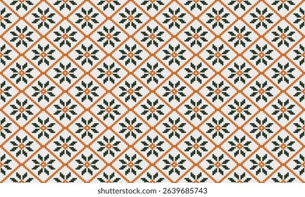 Fabric pattern, pixel pattern, green and orange tones, weaving, flowers, square shapes, natural art, used in fabric pattern design or wallpaper, various material surfaces.