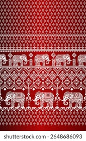 Fabric pattern with sacred elephants, tribal birds and geometric patterns on a green background. Seamless vector design inspired by cultural symbols. Perfect for fabric printing, decoration. 