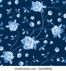 Fabric pattern. Seamless floral background. Shabby chic style patterns with blooming hydrangea. Vector illustration.