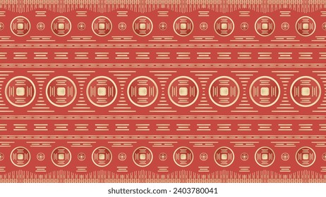 The fabric pattern is seamless in gold and red. It can be used in various Chinese New Year celebrations or according to the user's preferences.