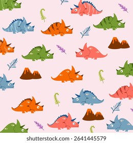 fabric pattern seamless pachyrhinosaurus dinosaur fullprint design for kids apparel. This design is suitable for children's clothing textile industry