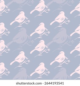 Fabric pattern: A simple graphic pattern of a light pink bird sitting on a small branch with small flowers. The pattern is balanced and soft. The blue-gray color scheme gives a calm, cool, and gentle 