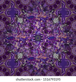 Fabric pattern texture daisy flowers detail. Flowers on neutral, violet and purple colors.