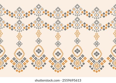 Fabric pattern traditional ethnic motif ikat geometric cross stitch.Ikat embroidery Ethnic oriental Pixel brown cream label background. Abstract,vector,illustration. Texture,decoration,wallpaper.