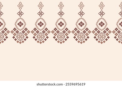 Fabric pattern traditional ethnic motif ikat geometric cross stitch.Ikat embroidery Ethnic oriental Pixel brown cream label background. Abstract,vector,illustration. Texture,decoration,wallpaper.