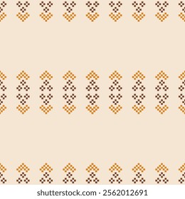 Fabric pattern traditional ethnic motif ikat geometric cross stitch.Ikat embroidery Ethnic oriental Pixel brown cream label background. Abstract,vector,illustration. Texture,decoration,wallpaper.