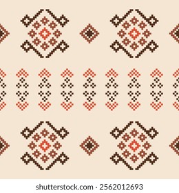 Fabric pattern traditional ethnic motif ikat geometric cross stitch.Ikat embroidery Ethnic oriental Pixel brown cream label background. Abstract,vector,illustration. Texture,decoration,wallpaper.