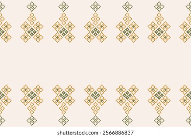 Fabric pattern traditional ethnic motif ikat geometric cross stitch.Ikat embroidery Ethnic oriental Pixel brown cream label background. Abstract,vector,illustration. Texture,decoration,wallpaper.