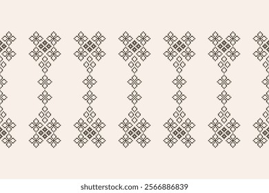 Fabric pattern traditional ethnic motif ikat geometric cross stitch.Ikat embroidery Ethnic oriental Pixel brown cream label background. Abstract,vector,illustration. Texture,decoration,wallpaper.