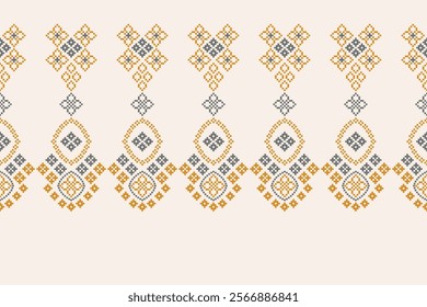 Fabric pattern traditional ethnic motif ikat geometric cross stitch.Ikat embroidery Ethnic oriental Pixel brown cream label background. Abstract,vector,illustration. Texture,decoration,wallpaper.