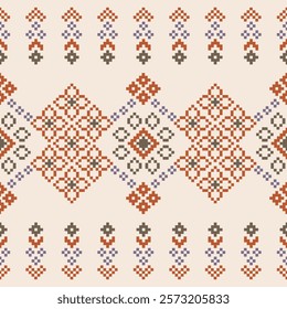 Fabric pattern traditional ethnic motif ikat geometric cross stitch.Ikat embroidery Ethnic oriental Pixel brown cream label background. Abstract,vector,illustration. Texture,decoration,wallpaper.