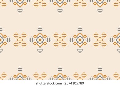 Fabric pattern traditional ethnic motif ikat geometric cross stitch.Ikat embroidery Ethnic oriental Pixel brown cream label background. Abstract,vector,illustration. Texture,decoration,wallpaper.