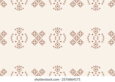 Fabric pattern traditional ethnic motif ikat geometric cross stitch.Ikat embroidery Ethnic oriental Pixel white brown cream label background. Abstract,vector. Texture,decoration,wallpaper.