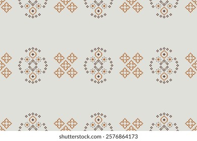 Fabric pattern traditional ethnic motif ikat geometric cross stitch.Ikat embroidery Ethnic oriental Pixel white brown cream label background. Abstract,vector. Texture,decoration,wallpaper.