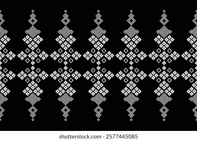 Fabric pattern traditional ethnic motif ikat geometric cross stitch.Ikat embroidery Ethnic oriental Pixel black label background. Abstract,vector,illustration. Texture,decoration,wallpaper.