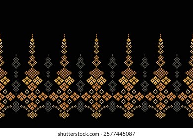 Fabric pattern traditional ethnic motif ikat geometric cross stitch.Ikat embroidery Ethnic oriental Pixel black label background. Abstract,vector,illustration. Texture,decoration,wallpaper.