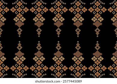 Fabric pattern traditional ethnic motif ikat geometric cross stitch.Ikat embroidery Ethnic oriental Pixel black label background. Abstract,vector,illustration. Texture,decoration,wallpaper.