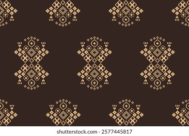 Fabric pattern traditional ethnic motif ikat geometric cross stitch.Ikat embroidery Ethnic oriental Pixel brown color label background. Abstract,vector. Texture,decoration,wallpaper.