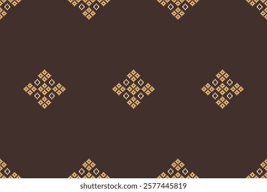 Fabric pattern traditional ethnic motif ikat geometric cross stitch.Ikat embroidery Ethnic oriental Pixel brown color label background. Abstract,vector. Texture,decoration,wallpaper.