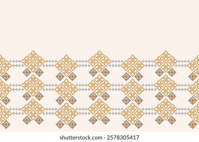 Fabric pattern traditional ethnic motif ikat geometric cross stitch.Ikat embroidery Ethnic oriental Pixel brown color label background. Abstract,vector. Texture,decoration,wallpaper.